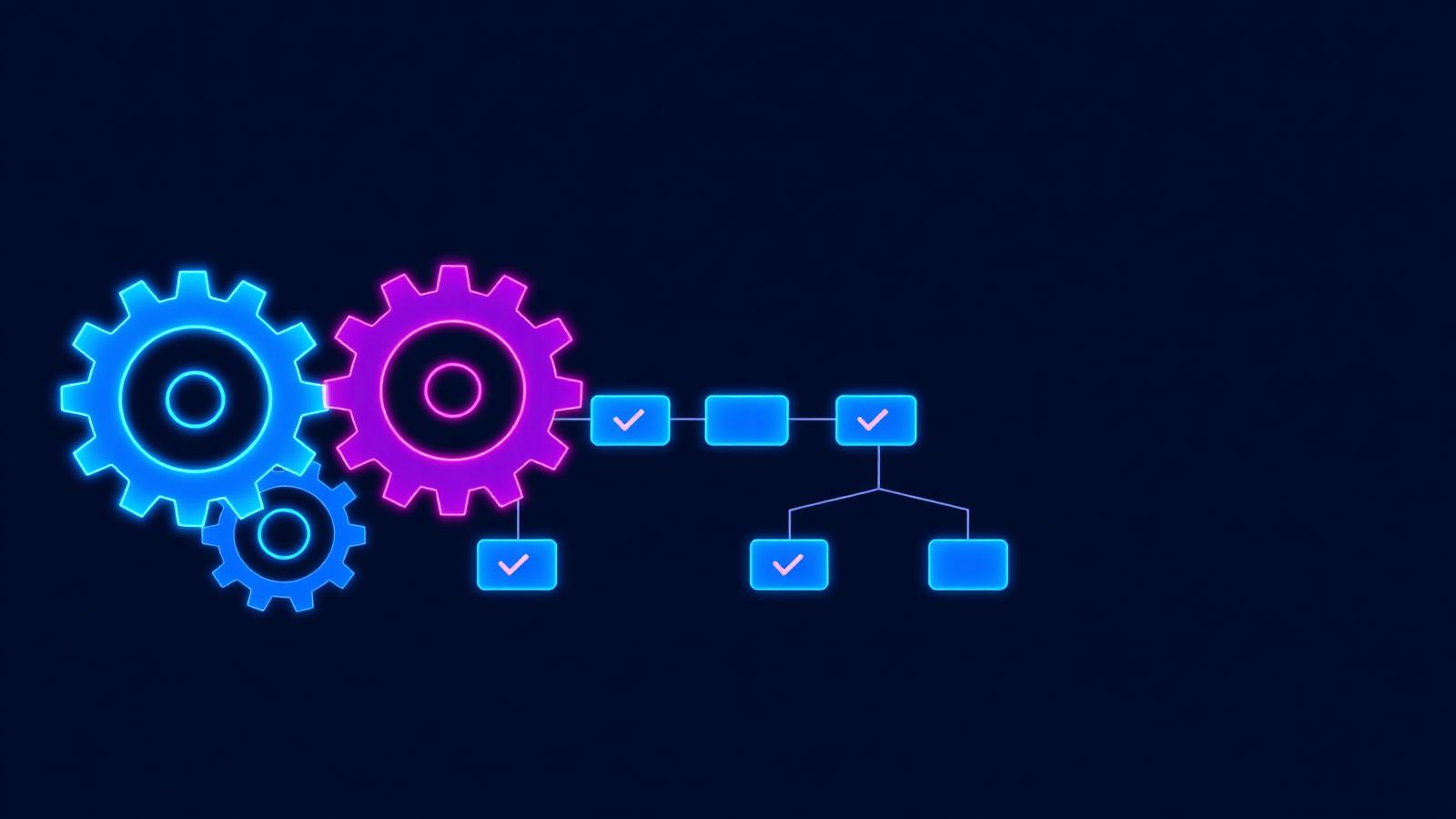 Royal blue and fuchsia gears with a workflow flowchart on a navy background