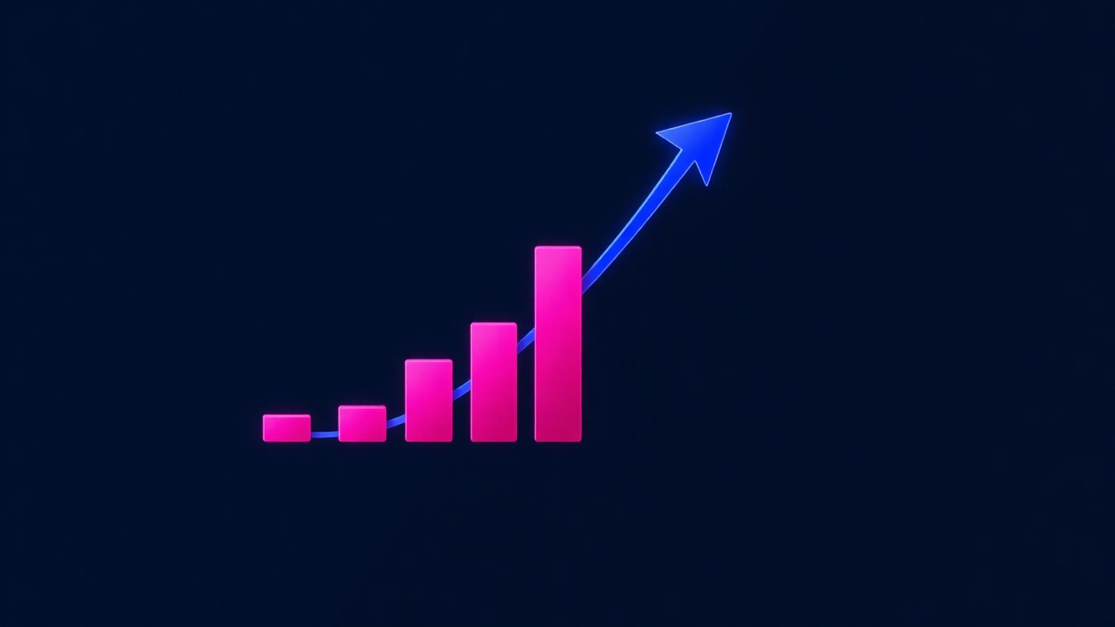 Fuchsia growth chart with a royal blue upward arrow on a navy background